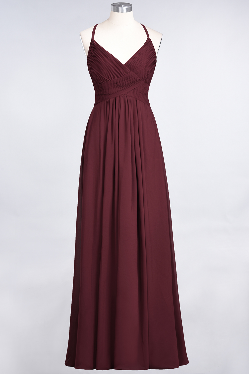 A-Line Chiffon Spaghetti-Straps V-Neck Sleeveless Floor-Length Bridesmaid Dress with Ruffles