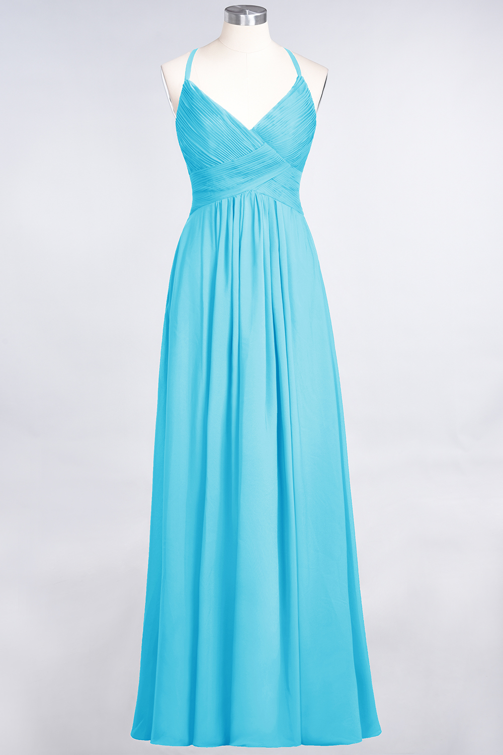 A-Line Chiffon Spaghetti-Straps V-Neck Sleeveless Floor-Length Bridesmaid Dress with Ruffles