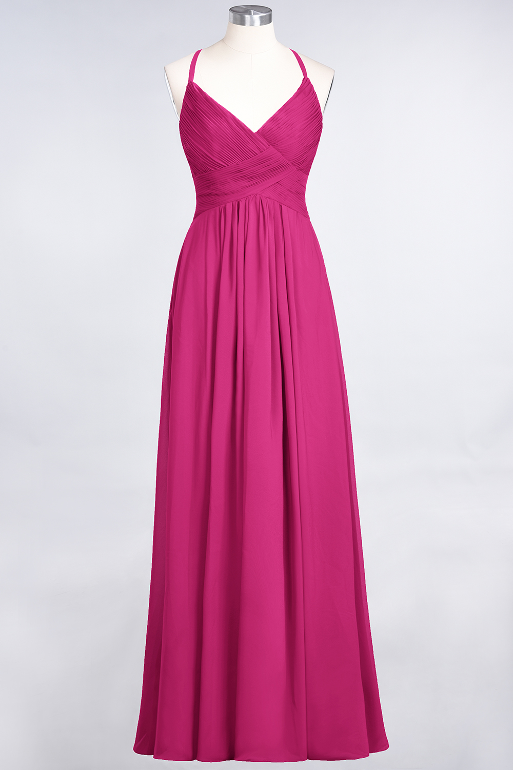 A-Line Chiffon Spaghetti-Straps V-Neck Sleeveless Floor-Length Bridesmaid Dress with Ruffles
