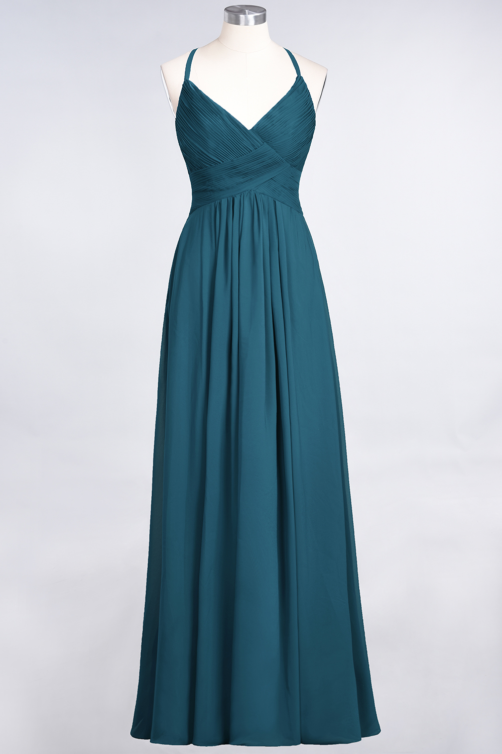 A-Line Chiffon Spaghetti-Straps V-Neck Sleeveless Floor-Length Bridesmaid Dress with Ruffles