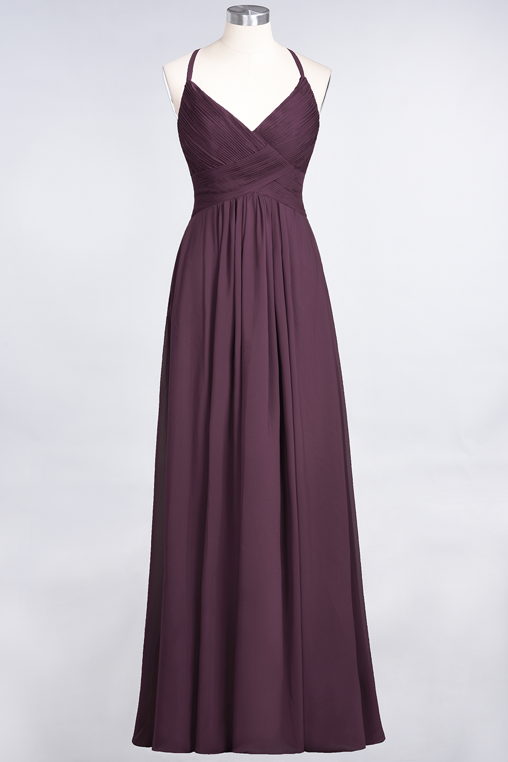 A-Line Chiffon Spaghetti-Straps V-Neck Sleeveless Floor-Length Bridesmaid Dress with Ruffles