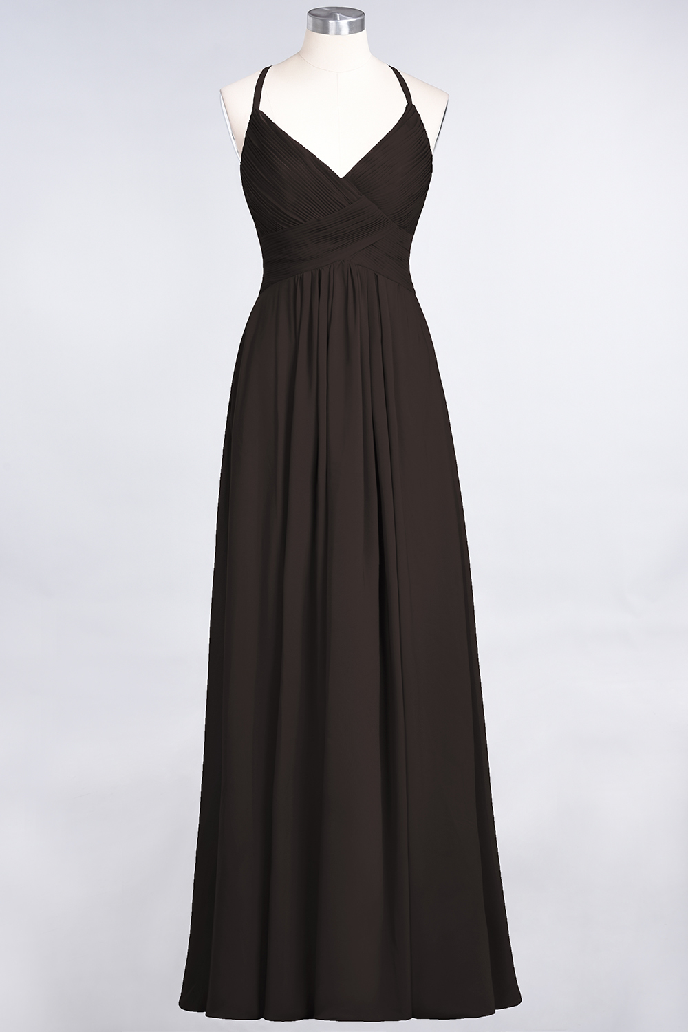 A-Line Chiffon Spaghetti-Straps V-Neck Sleeveless Floor-Length Bridesmaid Dress with Ruffles