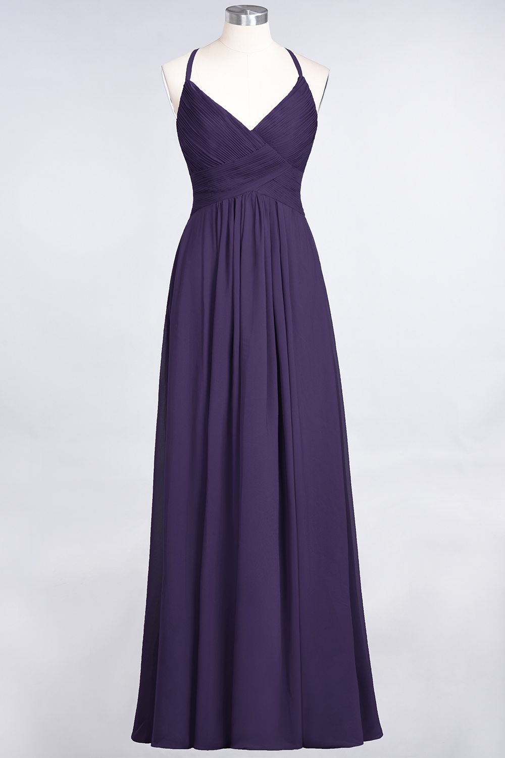 A-Line Chiffon Spaghetti-Straps V-Neck Sleeveless Floor-Length Bridesmaid Dress with Ruffles