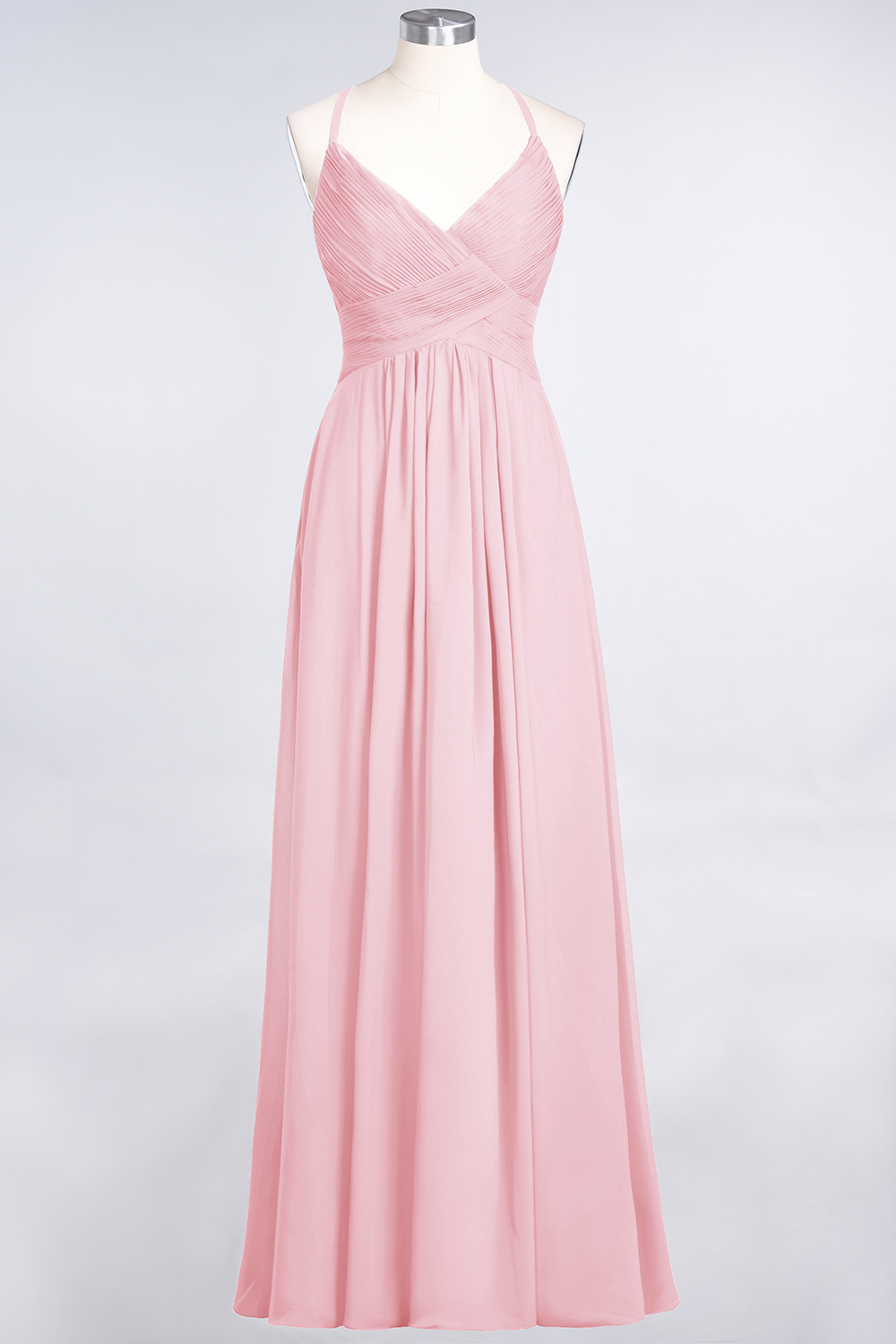 A-Line Chiffon Spaghetti-Straps V-Neck Sleeveless Floor-Length Bridesmaid Dress with Ruffles
