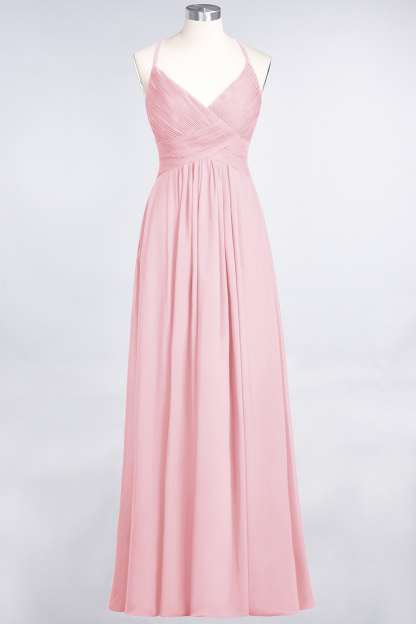 A-Line Chiffon Spaghetti-Straps V-Neck Sleeveless Floor-Length Bridesmaid Dress with Ruffles