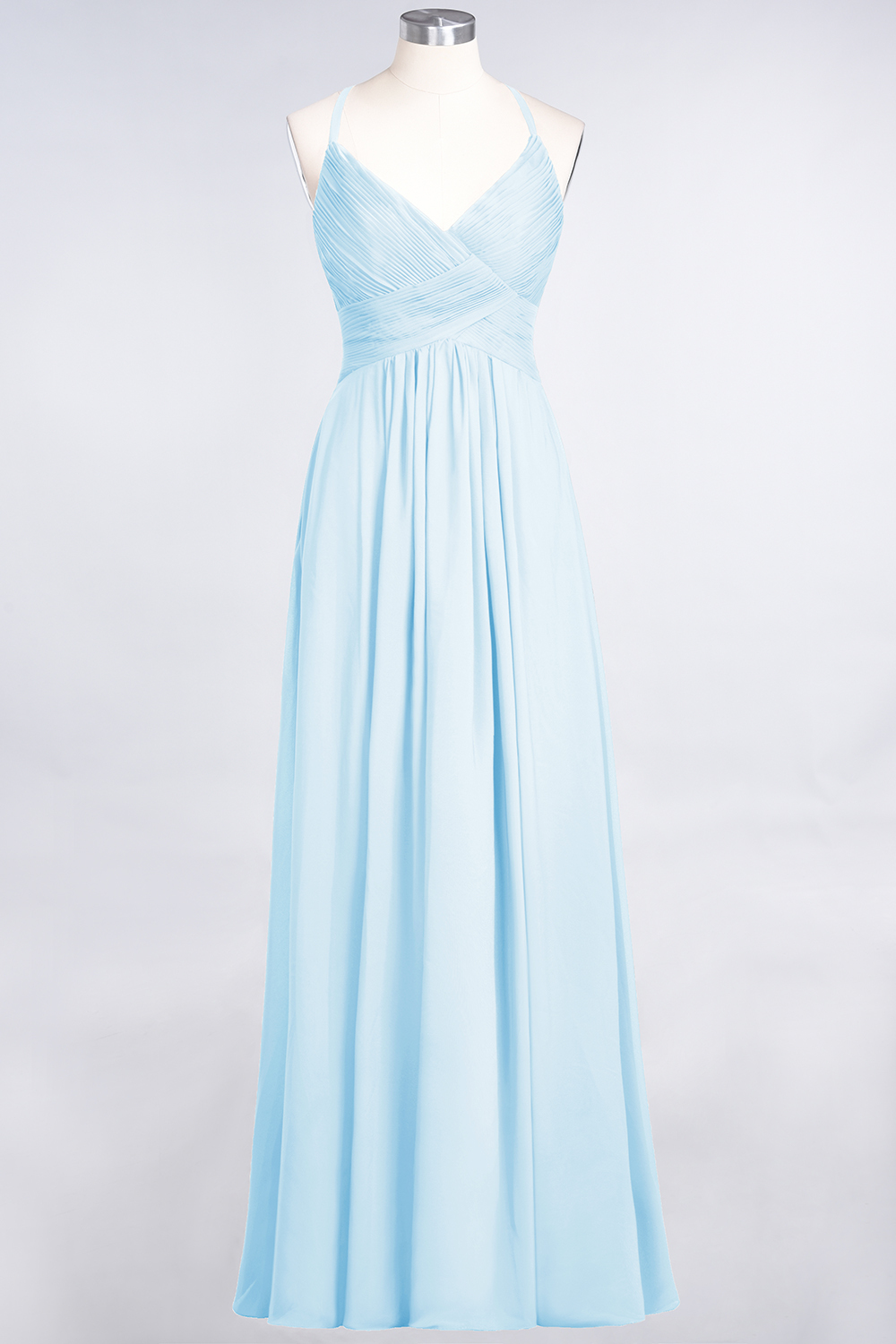 A-Line Chiffon Spaghetti-Straps V-Neck Sleeveless Floor-Length Bridesmaid Dress with Ruffles
