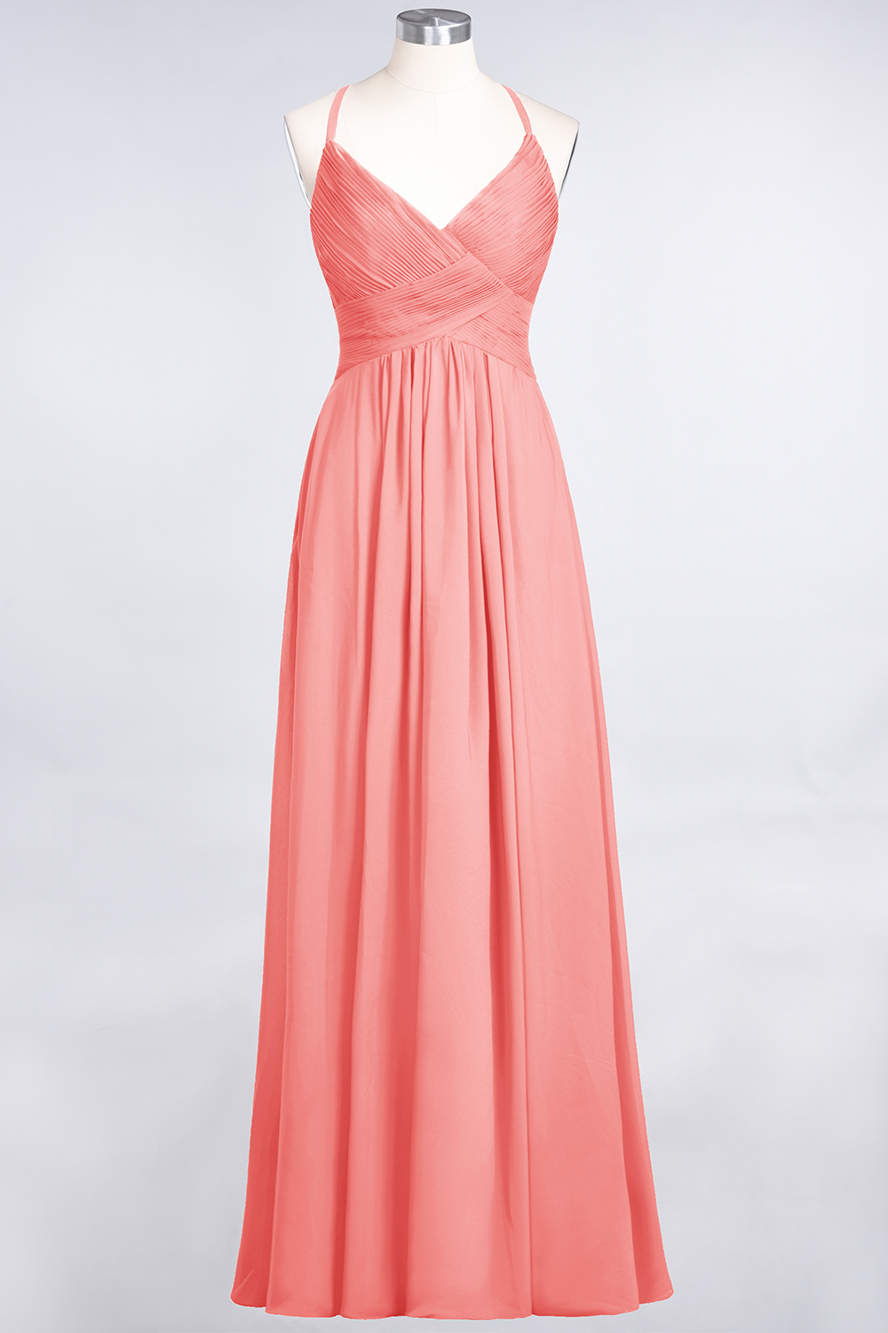 A-Line Chiffon Spaghetti-Straps V-Neck Sleeveless Floor-Length Bridesmaid Dress with Ruffles