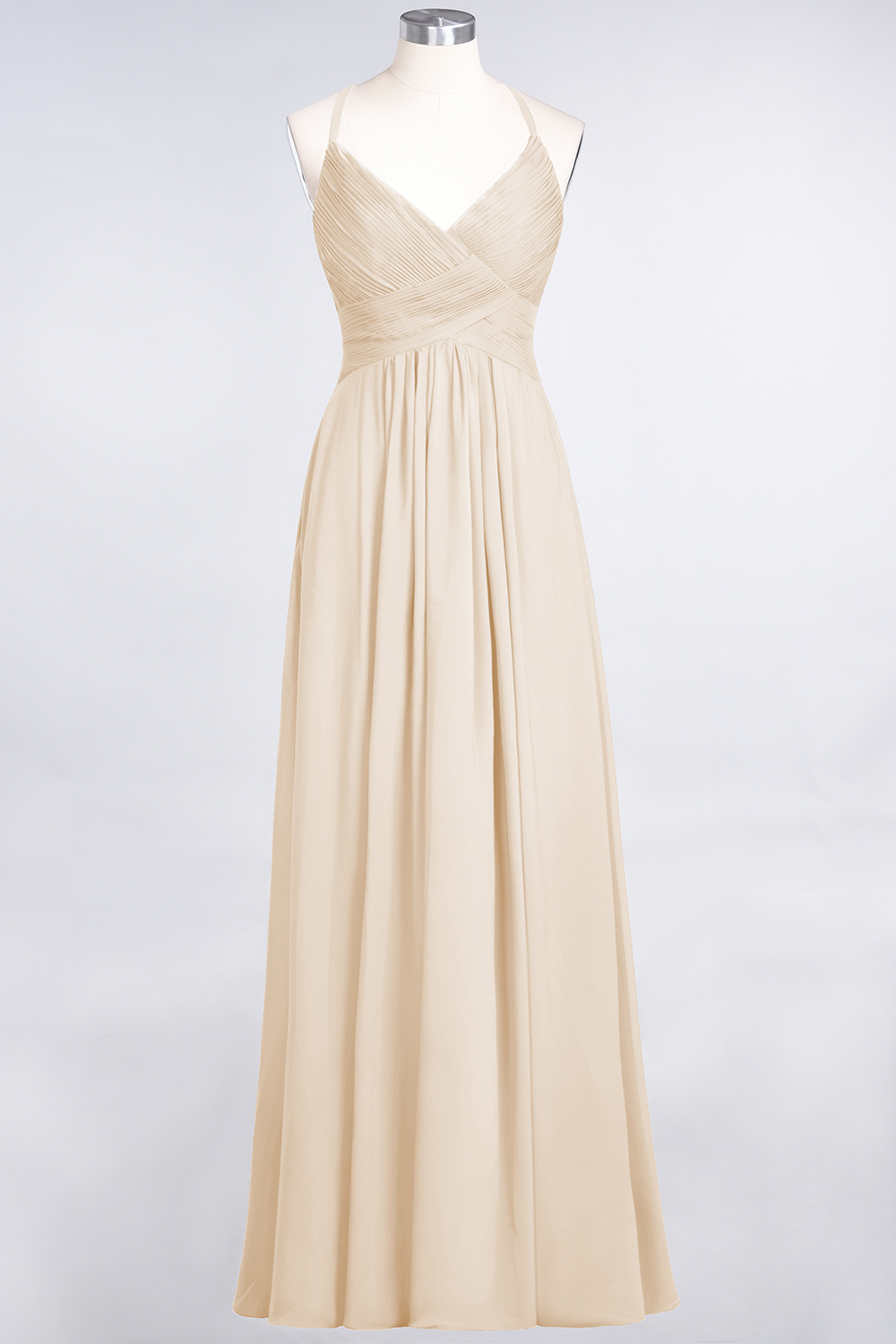 A-Line Chiffon Spaghetti-Straps V-Neck Sleeveless Floor-Length Bridesmaid Dress with Ruffles