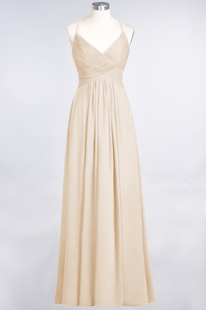 A-Line Chiffon Spaghetti-Straps V-Neck Sleeveless Floor-Length Bridesmaid Dress with Ruffles