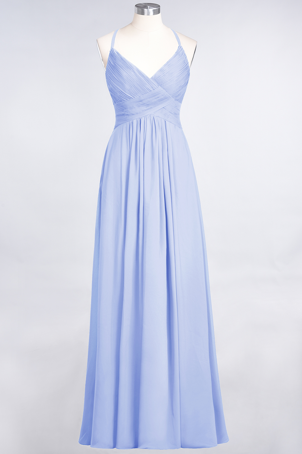 A-Line Chiffon Spaghetti-Straps V-Neck Sleeveless Floor-Length Bridesmaid Dress with Ruffles