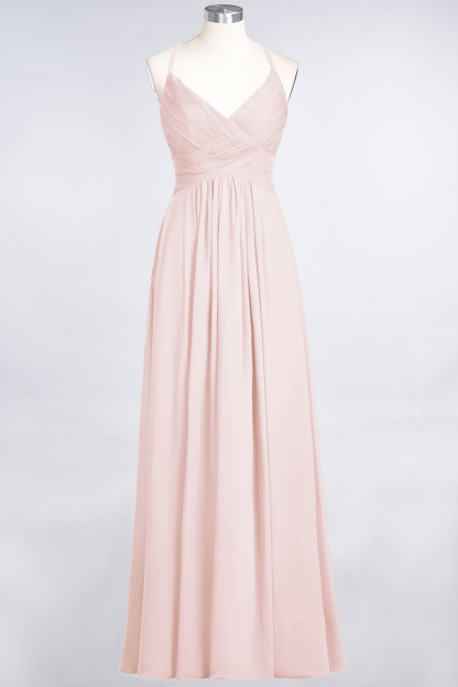 A-Line Chiffon Spaghetti-Straps V-Neck Sleeveless Floor-Length Bridesmaid Dress with Ruffles
