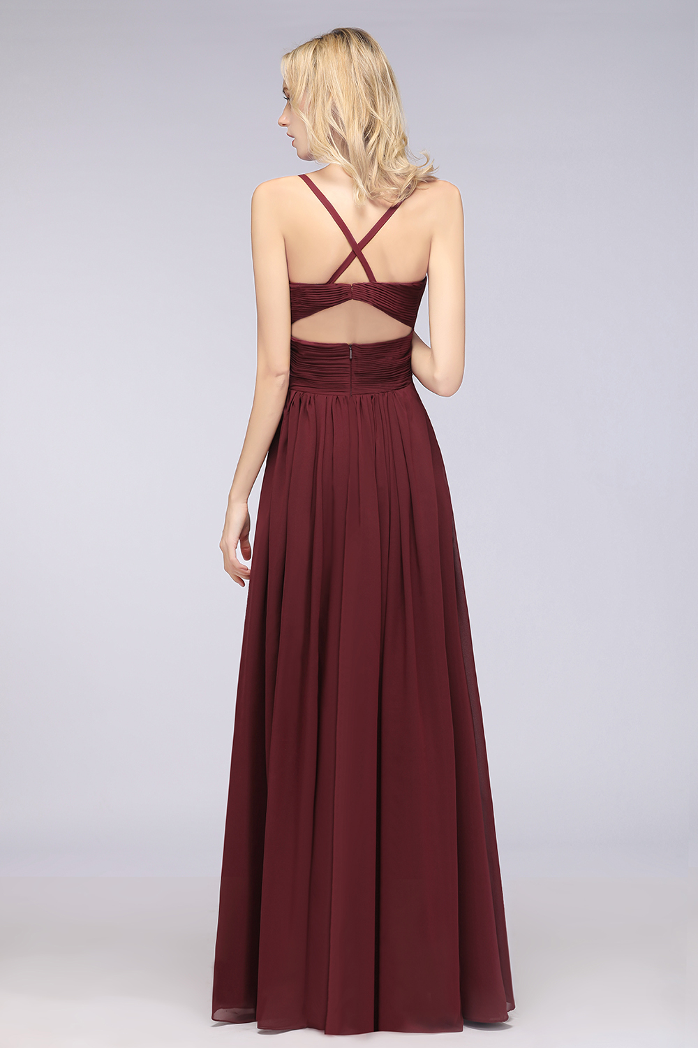 A-Line Chiffon Spaghetti-Straps V-Neck Sleeveless Floor-Length Bridesmaid Dress with Ruffles