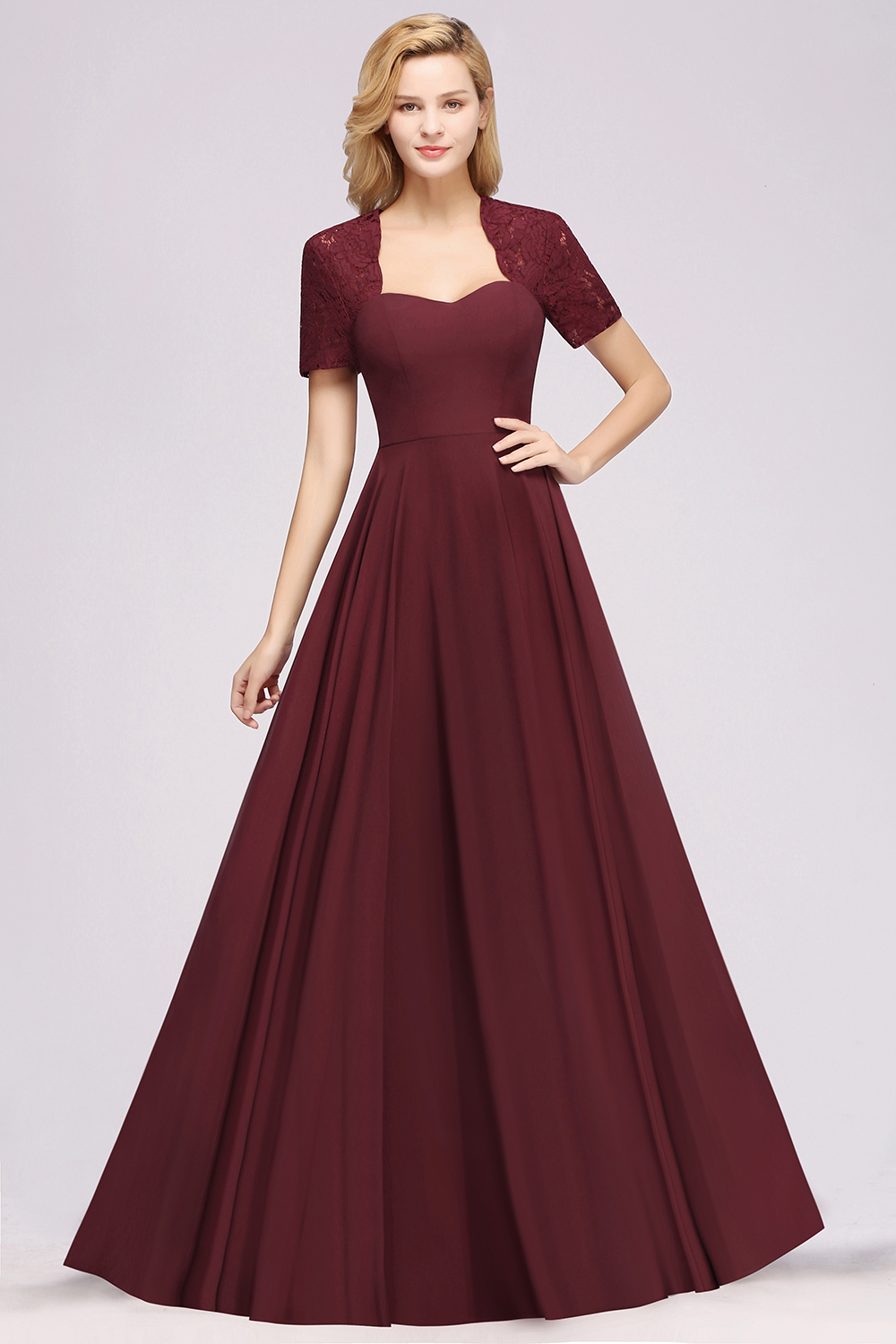 A-Line Chiffon Square Short Sleeves Bridesmaid Dress with Ruffle