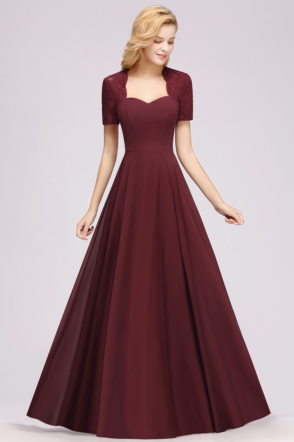 A-Line Chiffon Square Short Sleeves Bridesmaid Dress with Ruffle