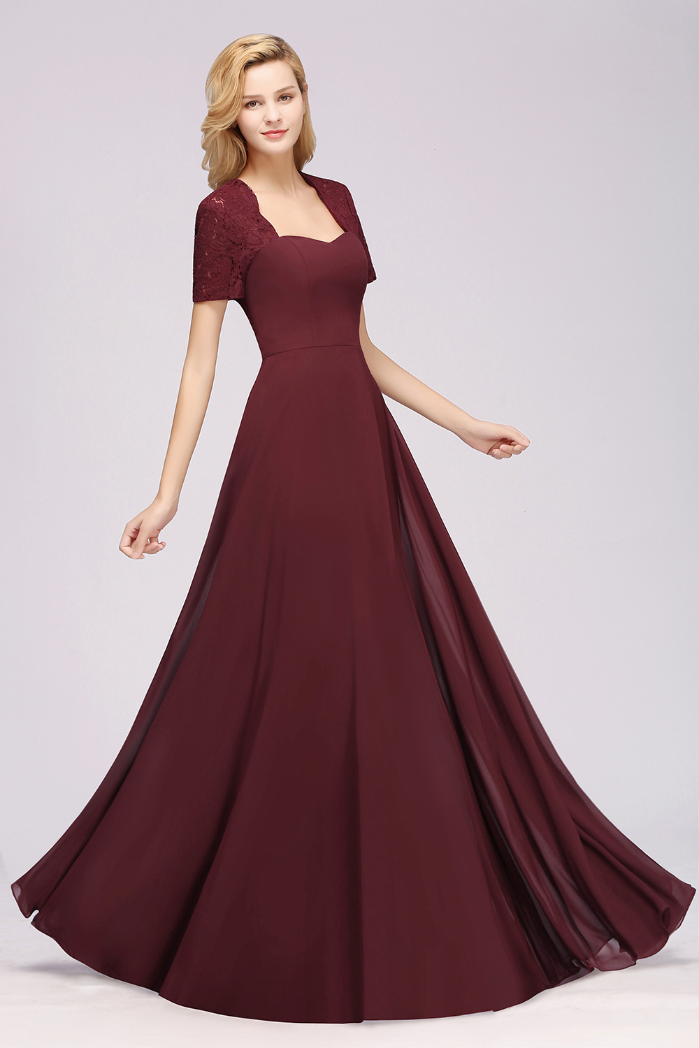 A-Line Chiffon Square Short Sleeves Bridesmaid Dress with Ruffle
