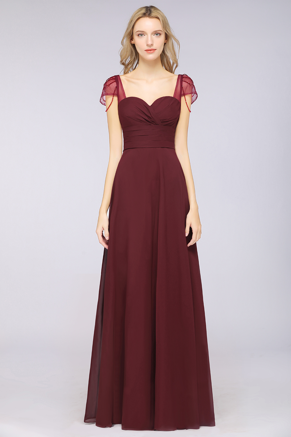 A-Line Chiffon Sweetheart Cap-Sleeves Ruffle Floor-Length Bridesmaid Dress with Beadings