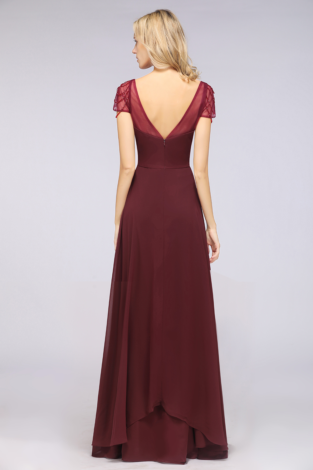 A-Line Chiffon Sweetheart Cap-Sleeves Ruffle Floor-Length Bridesmaid Dress with Beadings