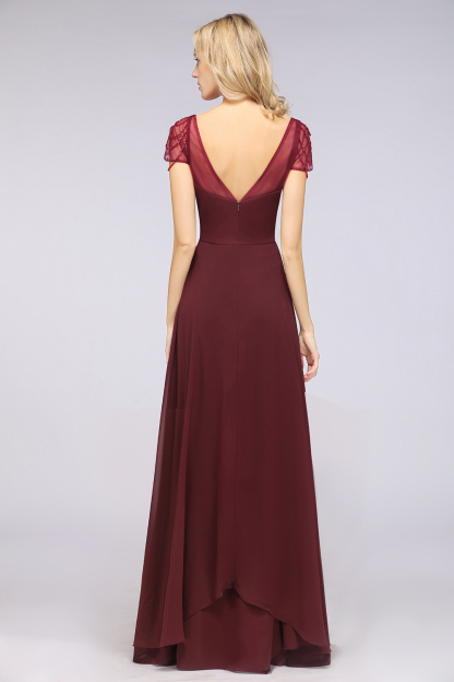 A-Line Chiffon Sweetheart Cap-Sleeves Ruffle Floor-Length Bridesmaid Dress with Beadings