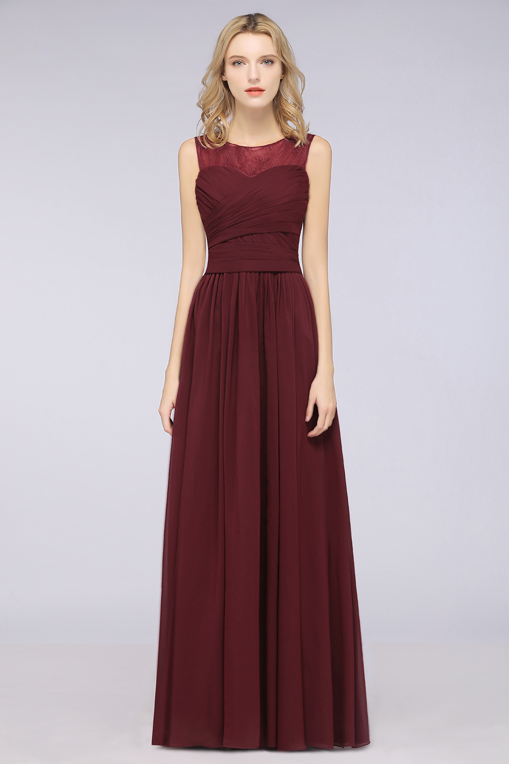 A-Line Chiffon Tulle Lace Scoop Sleeveless Floor-Length Bridesmaid Dress with Ruffle