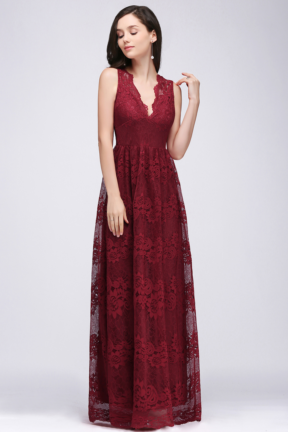 A-Line Lace Deep-V-Neck Sleeveless Floor-Length Bridesmaid Dresses