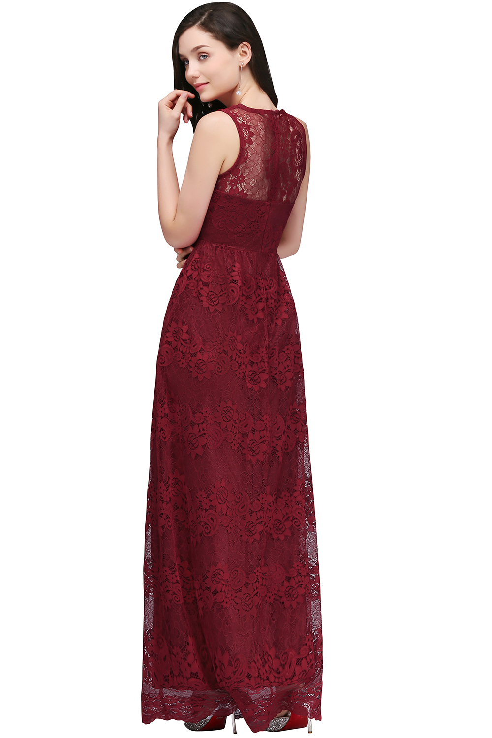 A-Line Lace Deep-V-Neck Sleeveless Floor-Length Bridesmaid Dresses