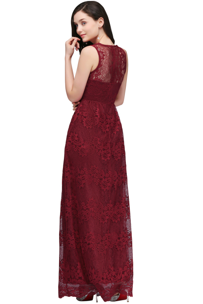 A-Line Lace Deep-V-Neck Sleeveless Floor-Length Bridesmaid Dresses