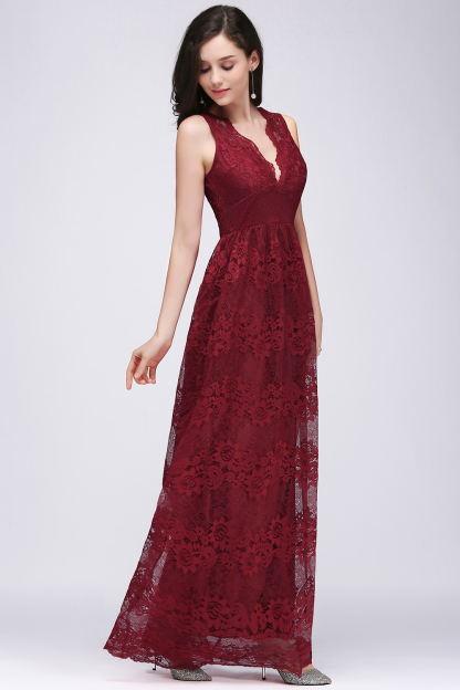 A-Line Lace Deep-V-Neck Sleeveless Floor-Length Bridesmaid Dresses