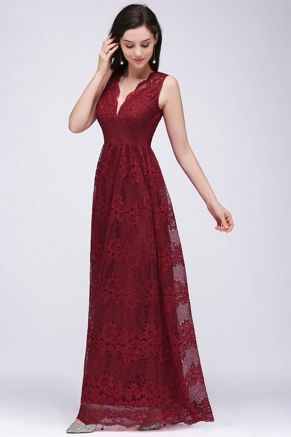 A-Line Lace Deep-V-Neck Sleeveless Floor-Length Bridesmaid Dresses