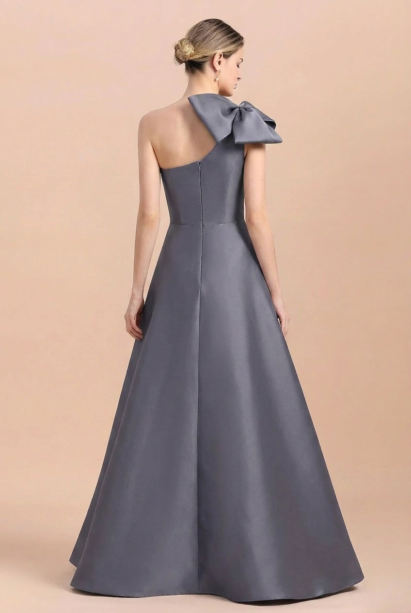 A-Line One-Shoulder Satin Long Mother Of The Bride Dresses With Bow(s)/Pockets