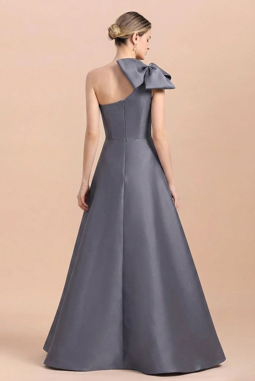A-Line One-Shoulder Satin Long Mother Of The Bride Dresses With Bow(s)/Pockets