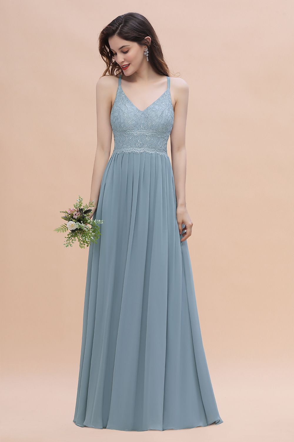 A-Line Ruched Bridesmaid Dress V-Neck Lace Chiffon Floor-length Evening Dress