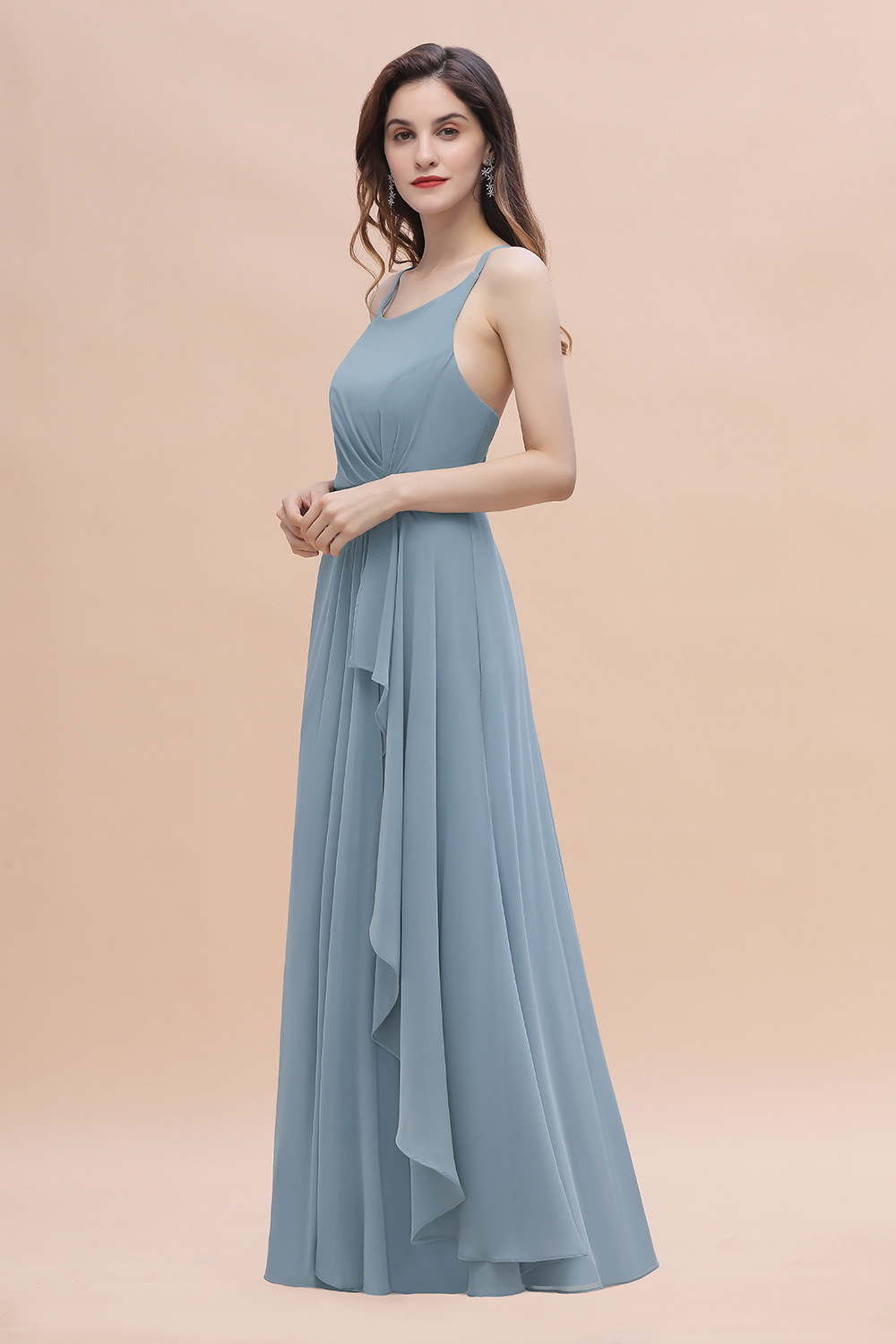 A-Line Ruched Bridesmaid Dress V-Neck Lace Chiffon Floor-length Evening Dress