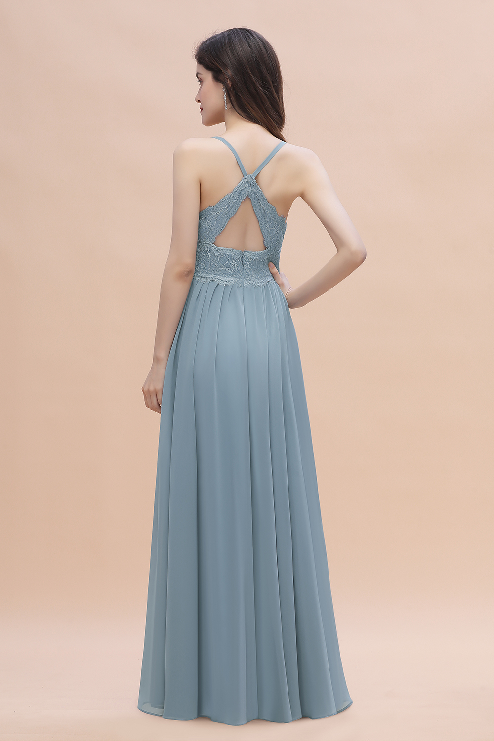 A-Line Ruched Bridesmaid Dress V-Neck Lace Chiffon Floor-length Evening Dress