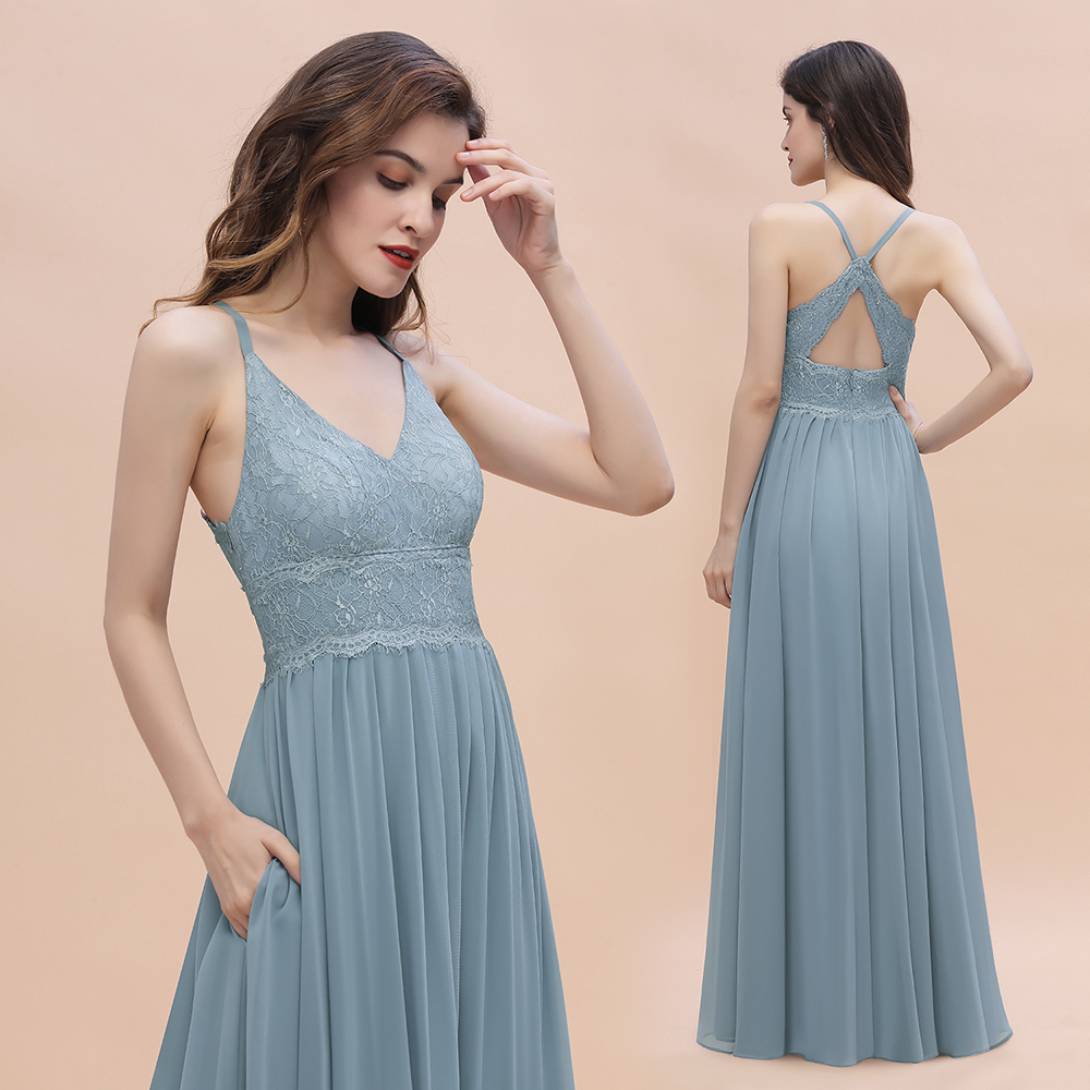 A-Line Ruched Bridesmaid Dress V-Neck Lace Chiffon Floor-length Evening Dress