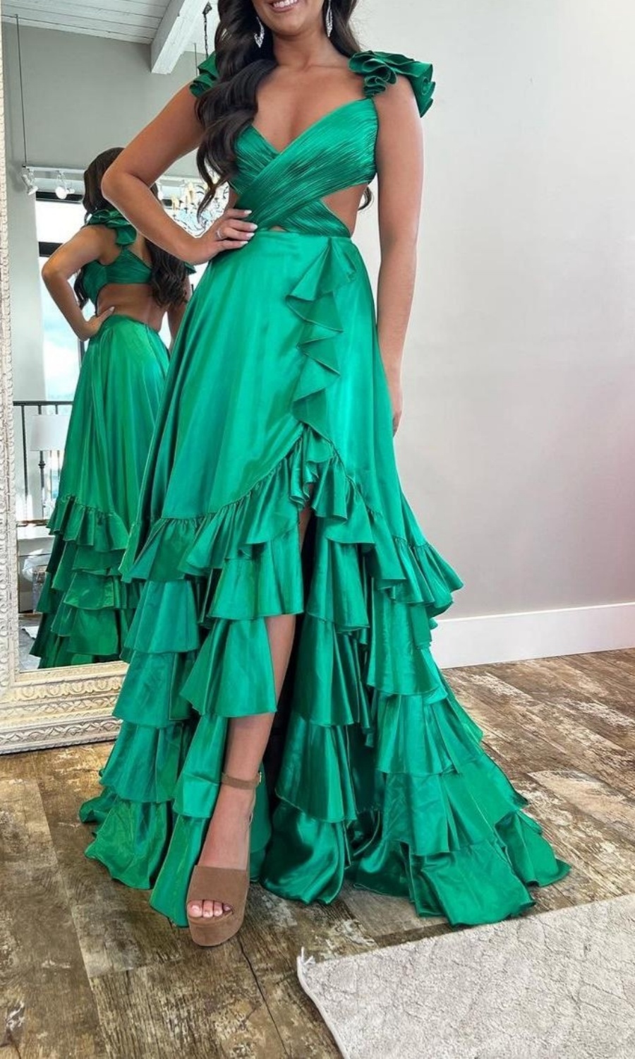 Long A-line Satin V-neck Backless Prom Dress with Slit