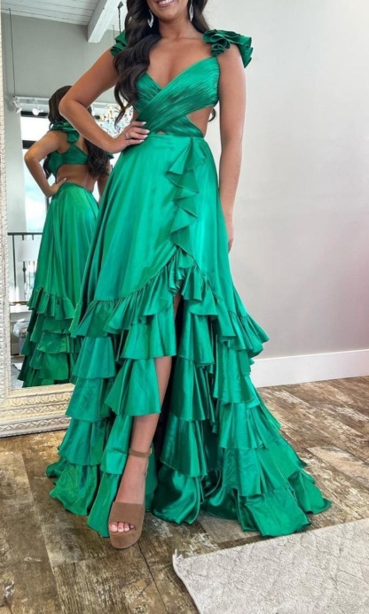 Long A-line Satin V-neck Backless Prom Dress with Slit