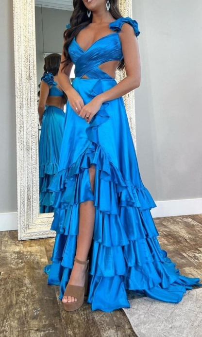 Blue Long A-line Satin V-neck Backless Prom Dress with Slit