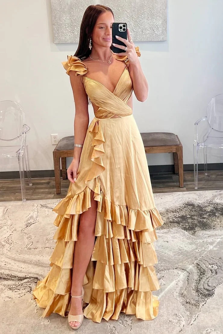 Long A-line V-neck Backless Satin Prom Dress with Slit