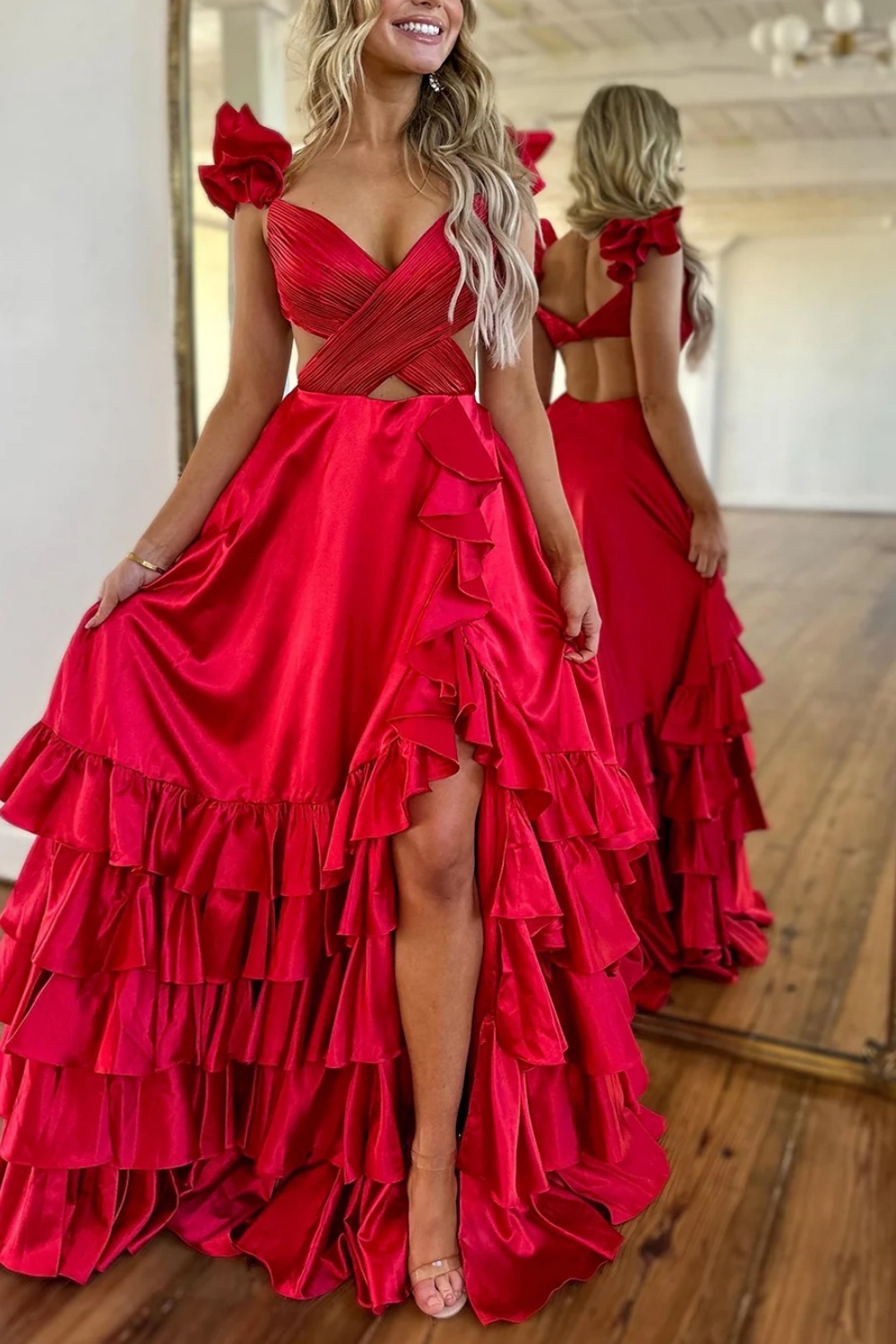 A-line V-neck Backless Red Long Prom Dress with Slit