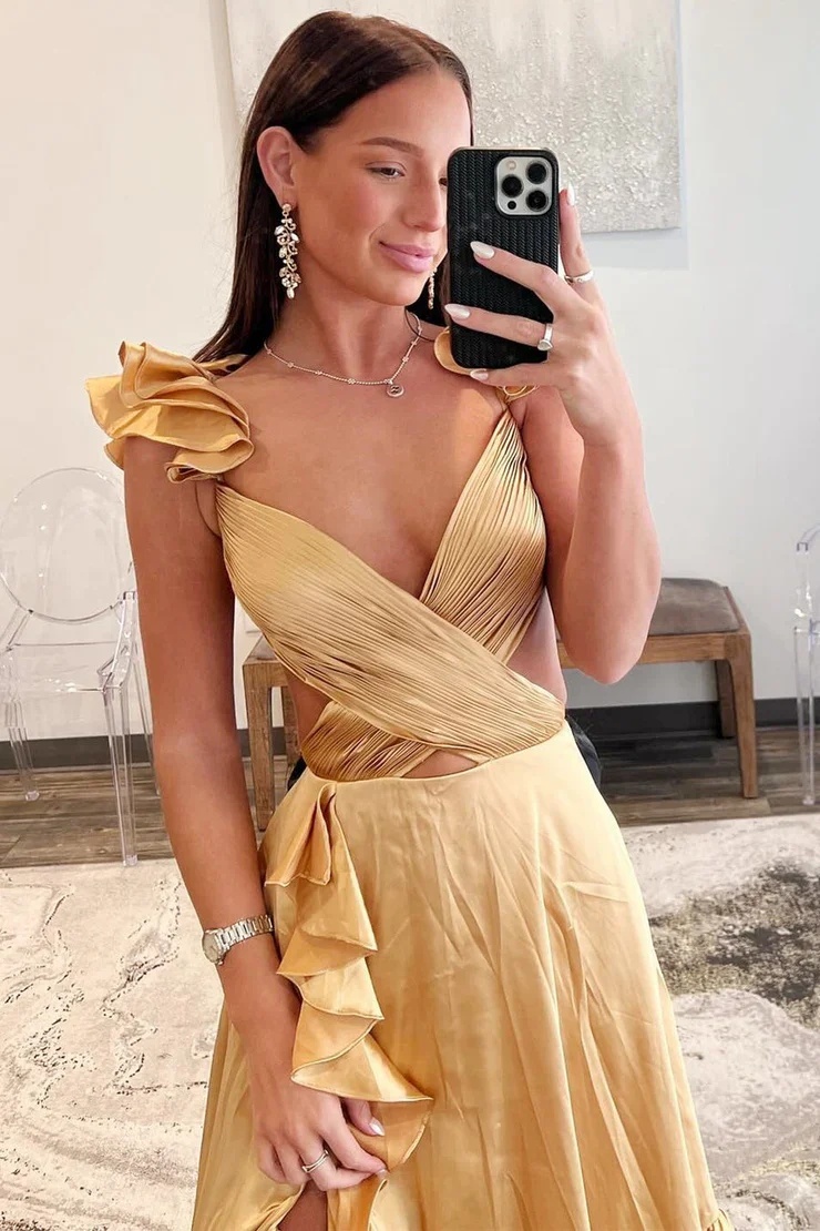 Long A-line V-neck Backless Satin Prom Dress with Slit