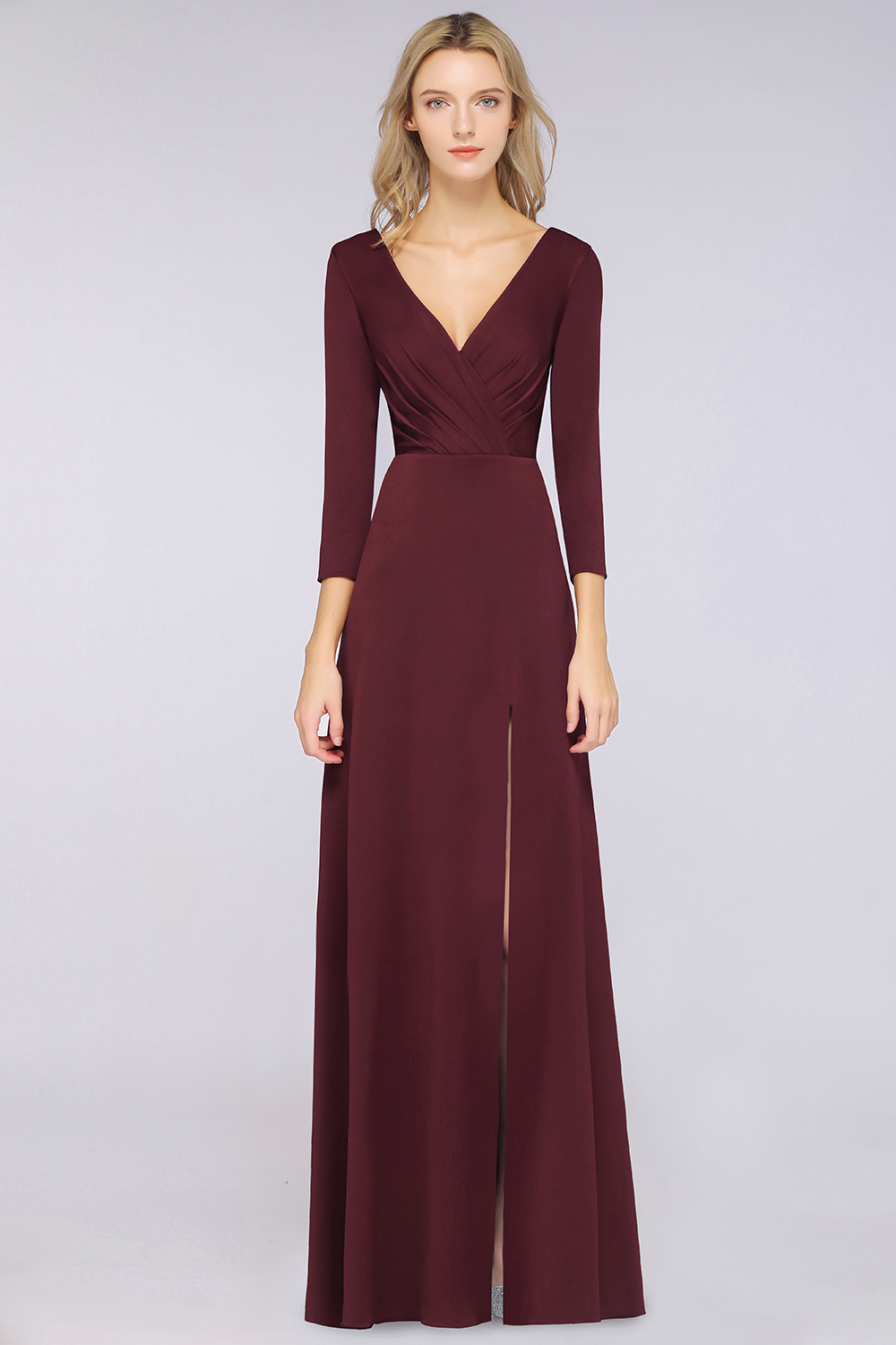 A-Line Spandex V-Neck Long-Sleeves Side-Slit Floor-Length Bridesmaid Dress with Ruffles