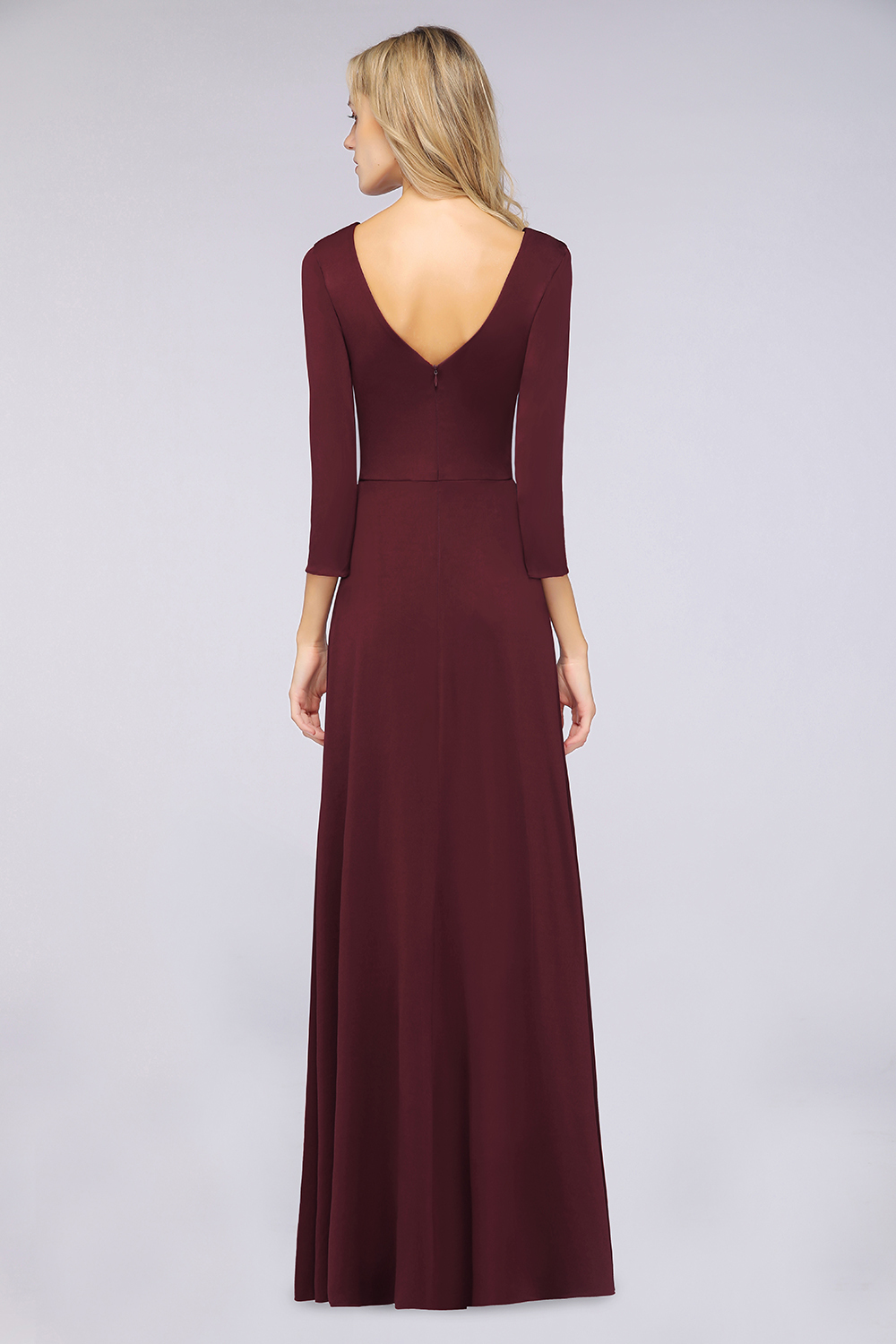 A-Line Spandex V-Neck Long-Sleeves Side-Slit Floor-Length Bridesmaid Dress with Ruffles