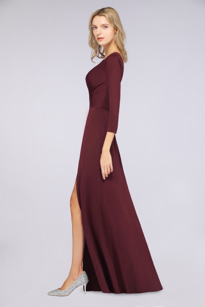 A-Line Spandex V-Neck Long-Sleeves Side-Slit Floor-Length Bridesmaid Dress with Ruffles