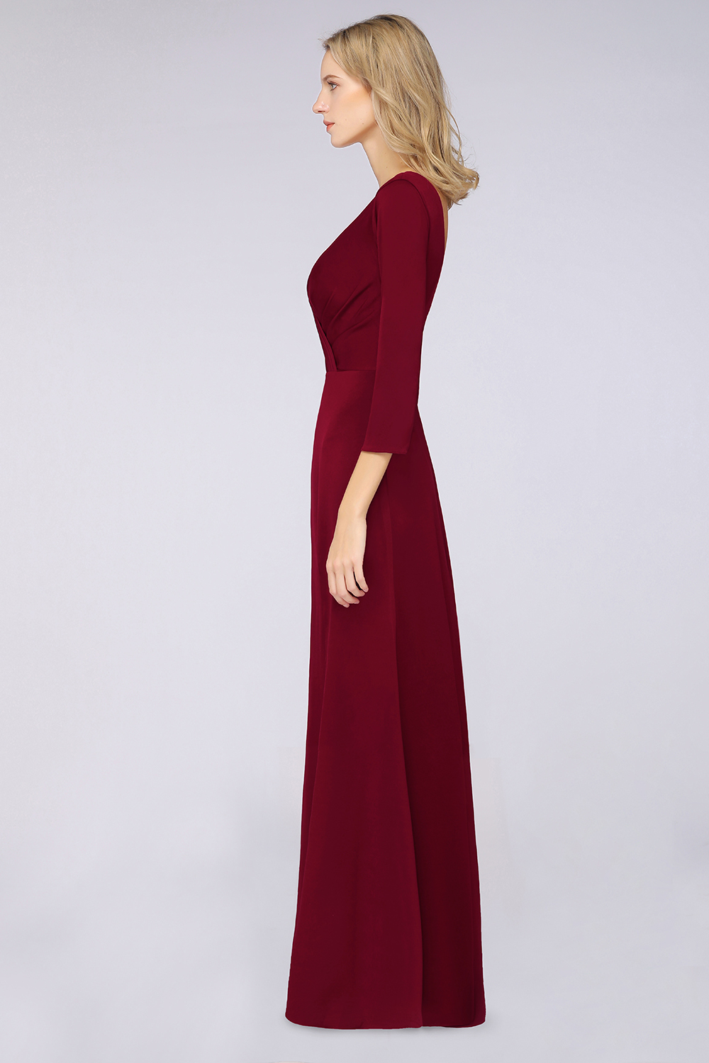 A-Line Spandex V-Neck Long-Sleeves Side-Slit Floor-Length Bridesmaid Dress with Ruffles
