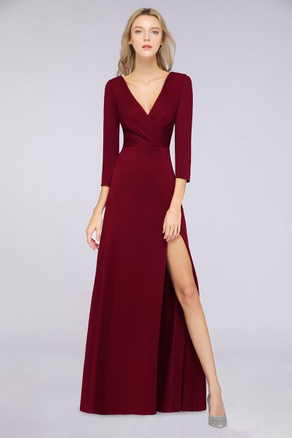 A-Line Spandex V-Neck Long-Sleeves Side-Slit Floor-Length Bridesmaid Dress with Ruffles