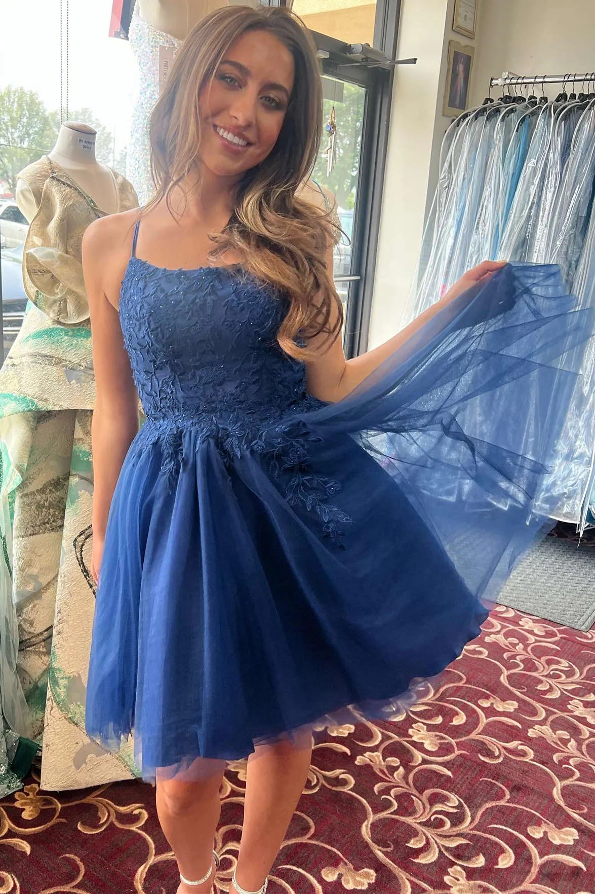 A-Line Straps Dark Navy Appliques Lace Tulle Short Homecoming Dress