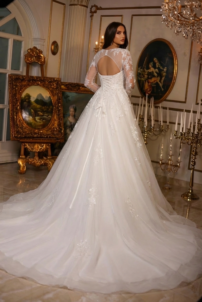 A-Line Tulle Long V-neck Backless Wedding Dress with Sleeves