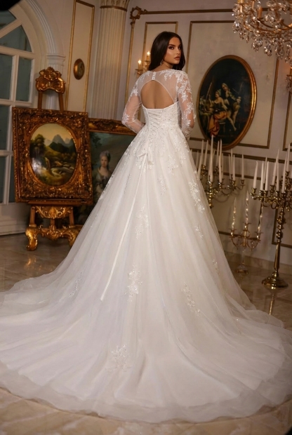 A-Line Tulle Long V-neck Backless Wedding Dress with Sleeves