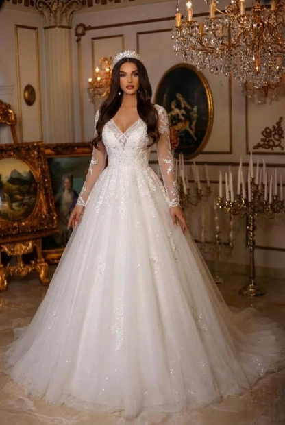 A-Line Tulle Long V-neck Backless Wedding Dress with Sleeves