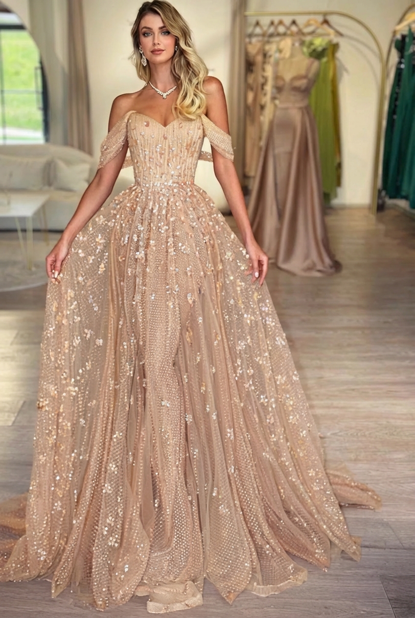 A Line Tulle Off The Shoulder V Neck Floor Length Prom Dress